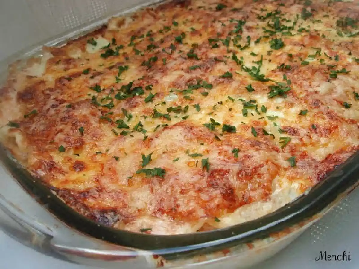 Lasaña de calabacín, ajetes y gambas