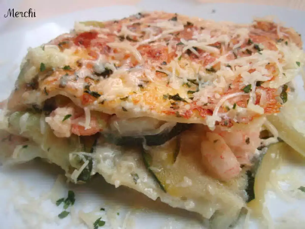 Lasaña de calabacín, ajetes y gambas - foto 2