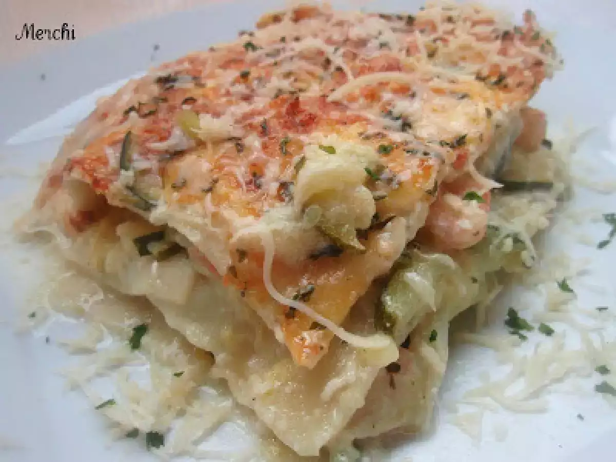 Lasaña de calabacín, ajetes y gambas - foto 3