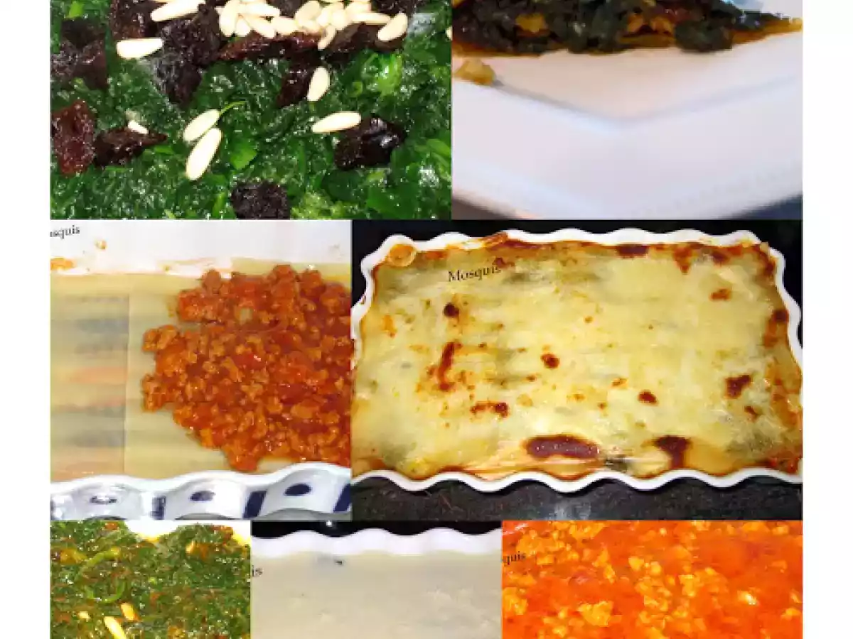 Lasaña de espinacas, carne, piñones y pasas