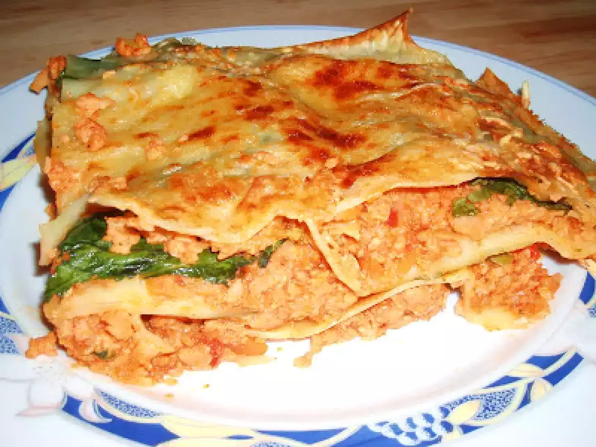 Lasaña de soja texturizada y espinacas