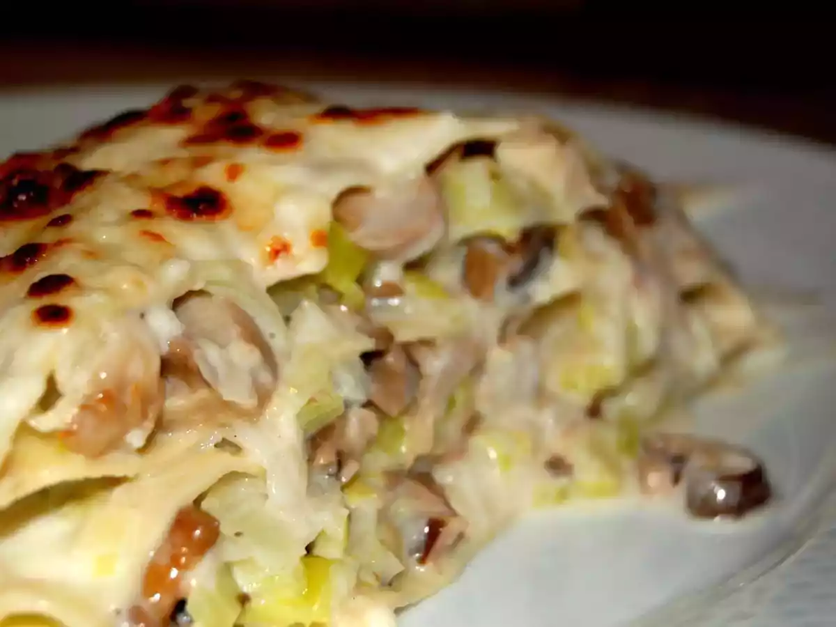 Lassaña de setas, langostinos y puerros