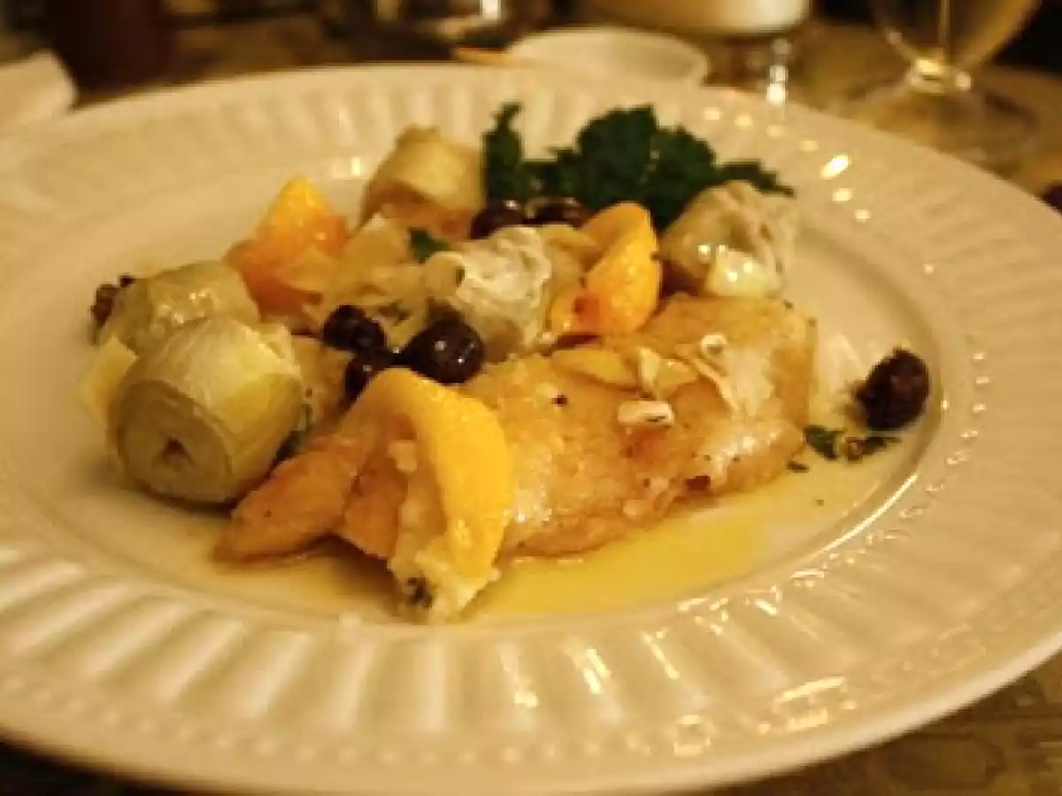 Lenguado con alcachofas y aceitunas