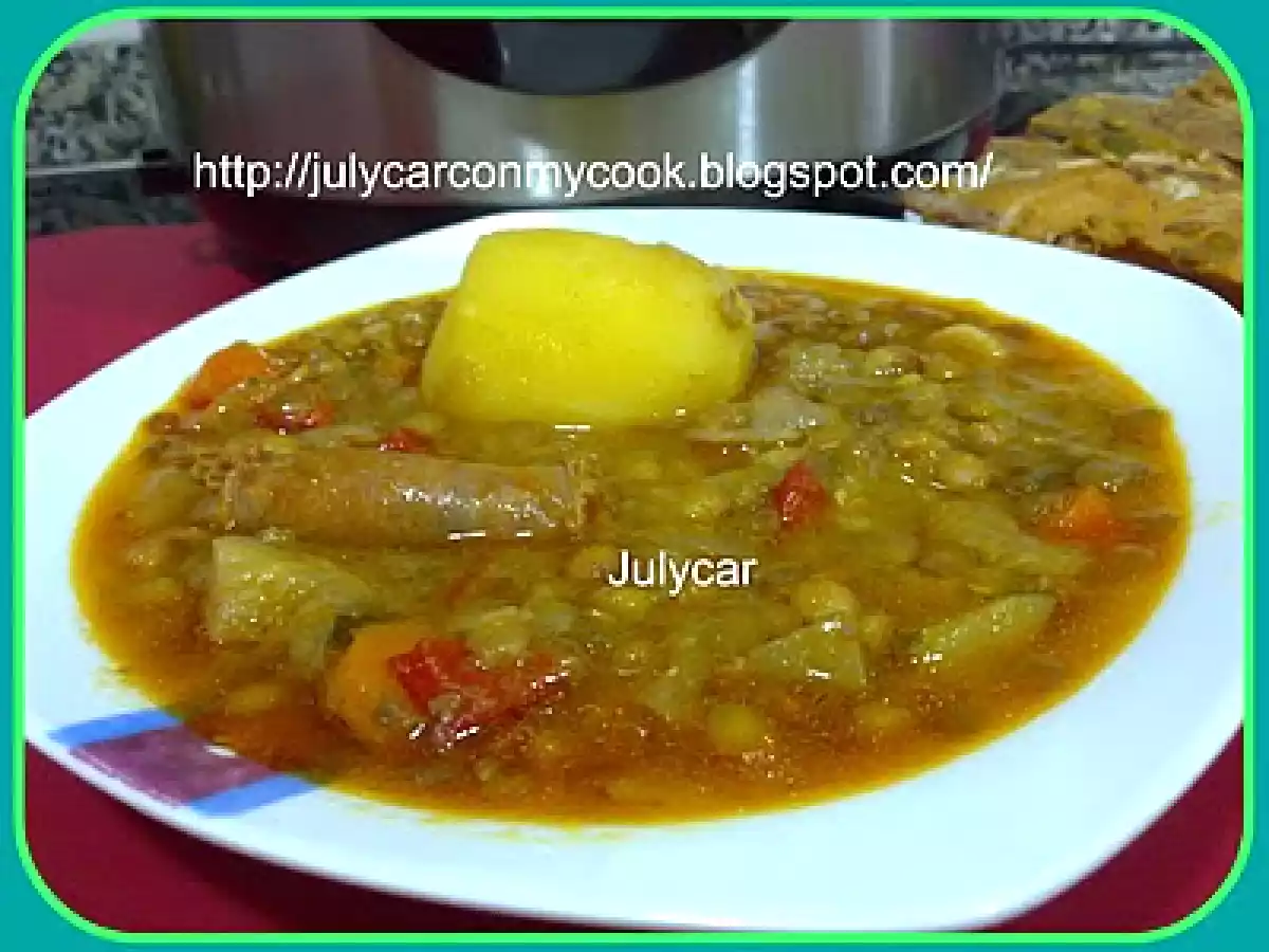 Lentejas con verduras, chistorra y espinazo olla GM D