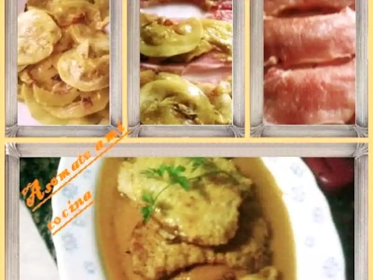 Lomo de cerdo relleno de calabacín con crema de zanahorias