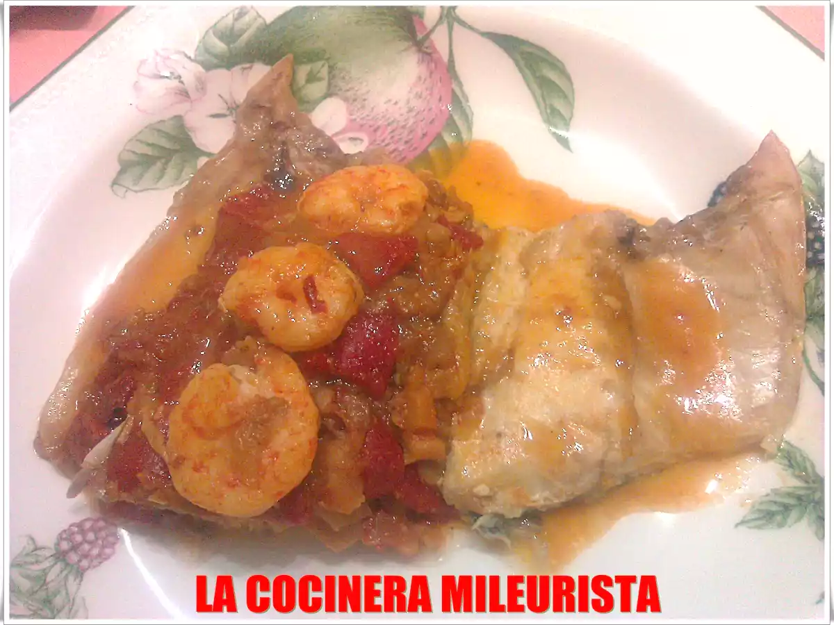 Lubina rellena de Langostinos, Pimientos del Piquillo y Setas