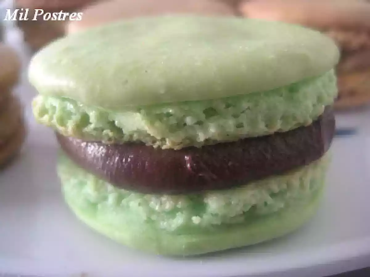 Macarons de té matcha con ganache negra y blanca