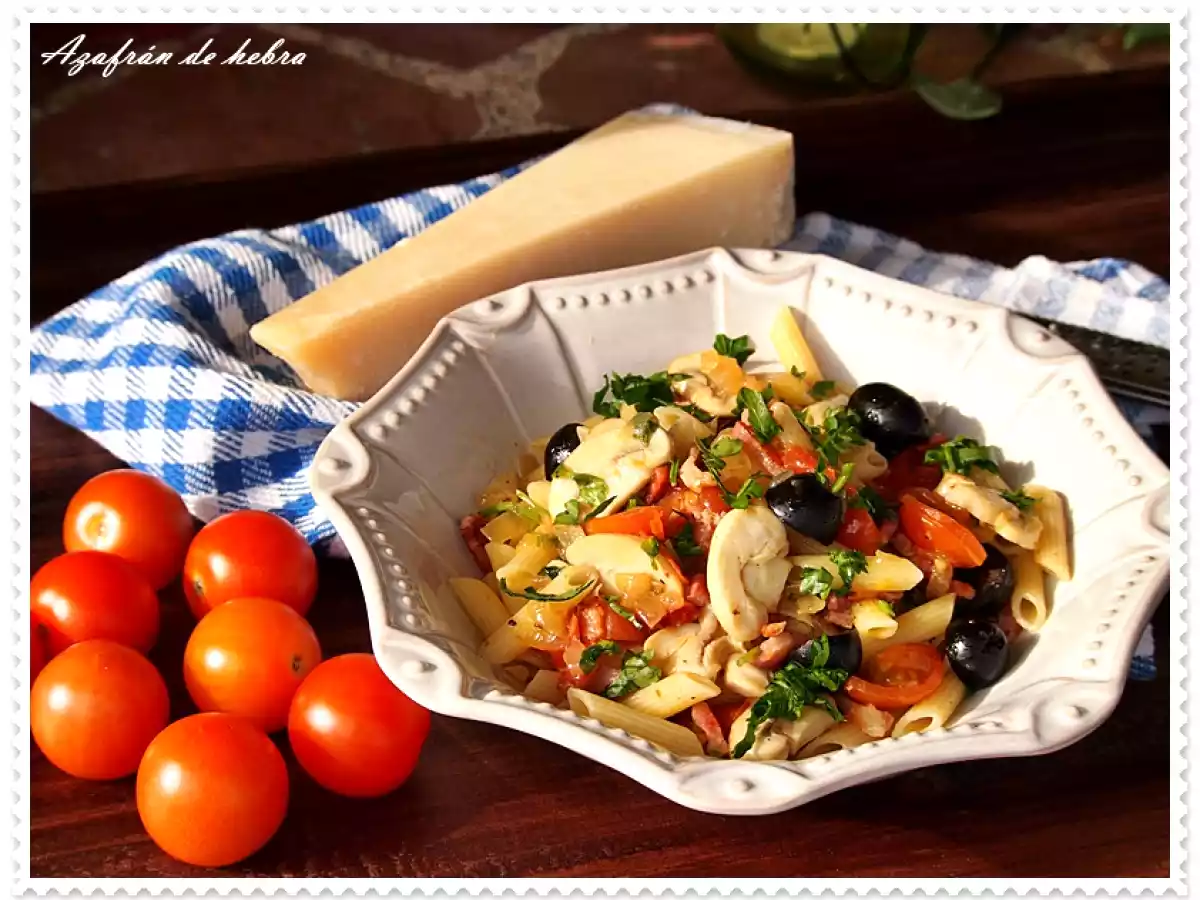 Macarrones con champiñones y bacón