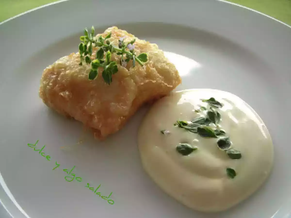 Merluza a la romana con mayonesa y tomillo limón