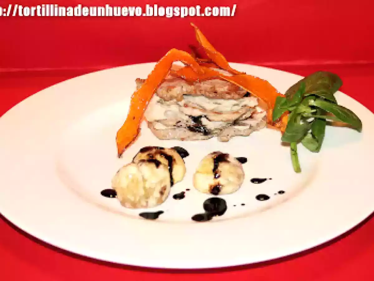 Milhojas de solomillo con pure de castañas, chips de calabaza y reducción de Módena