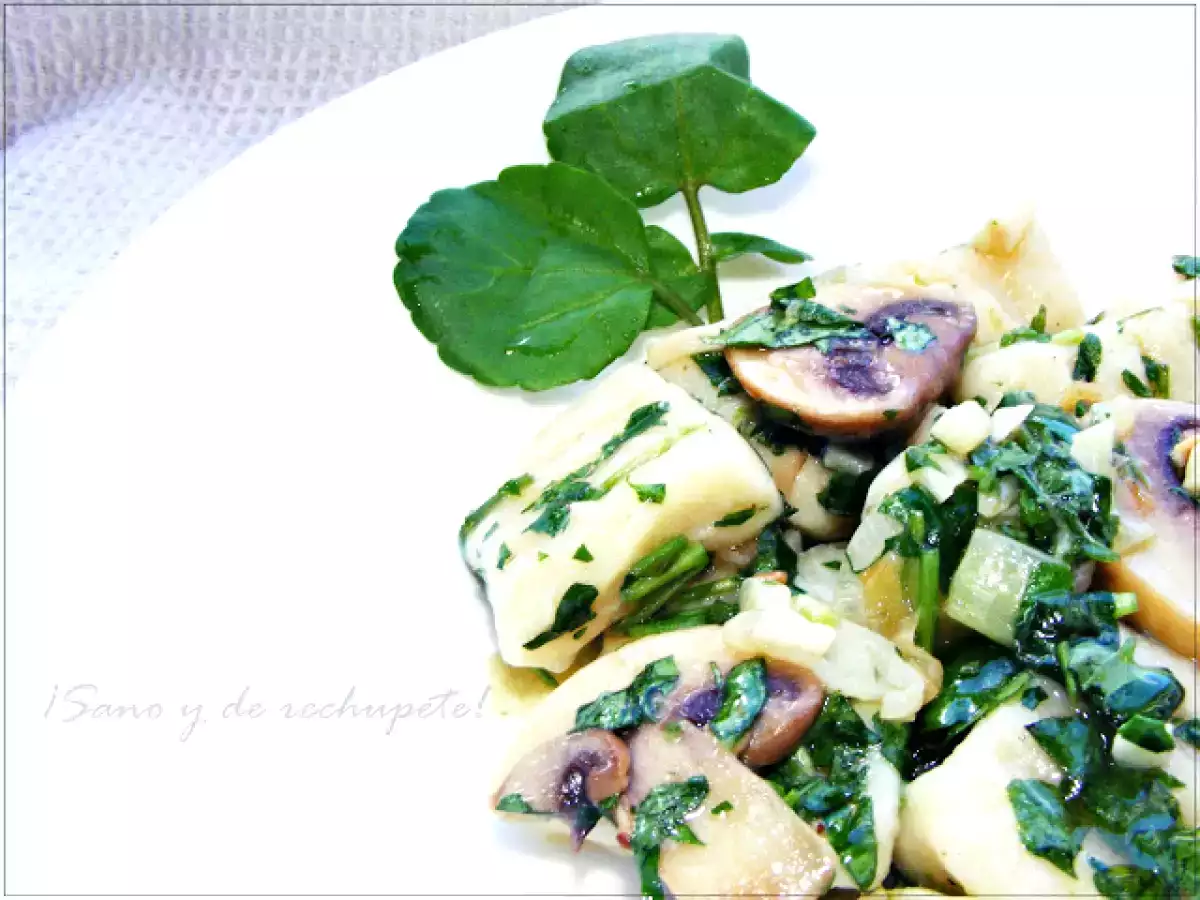 Ñoquis salteados con berros, champiñones y cebolleta (gnocci) - foto 2