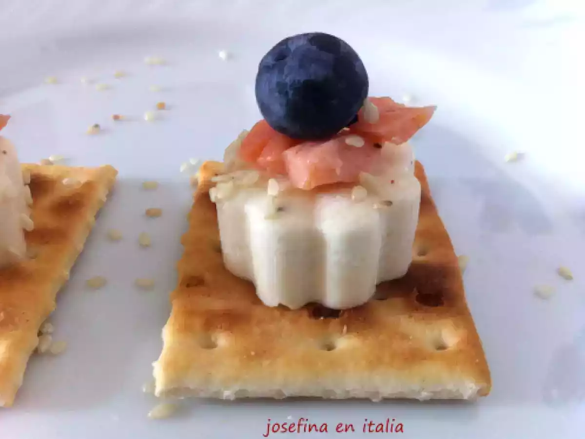 Panna cotta salada al parmesano con salmon, ajonjolí y arándanos