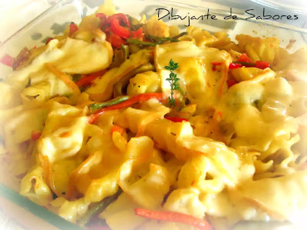 Pasta Festonati vegatariana gratinada con queso raclette.