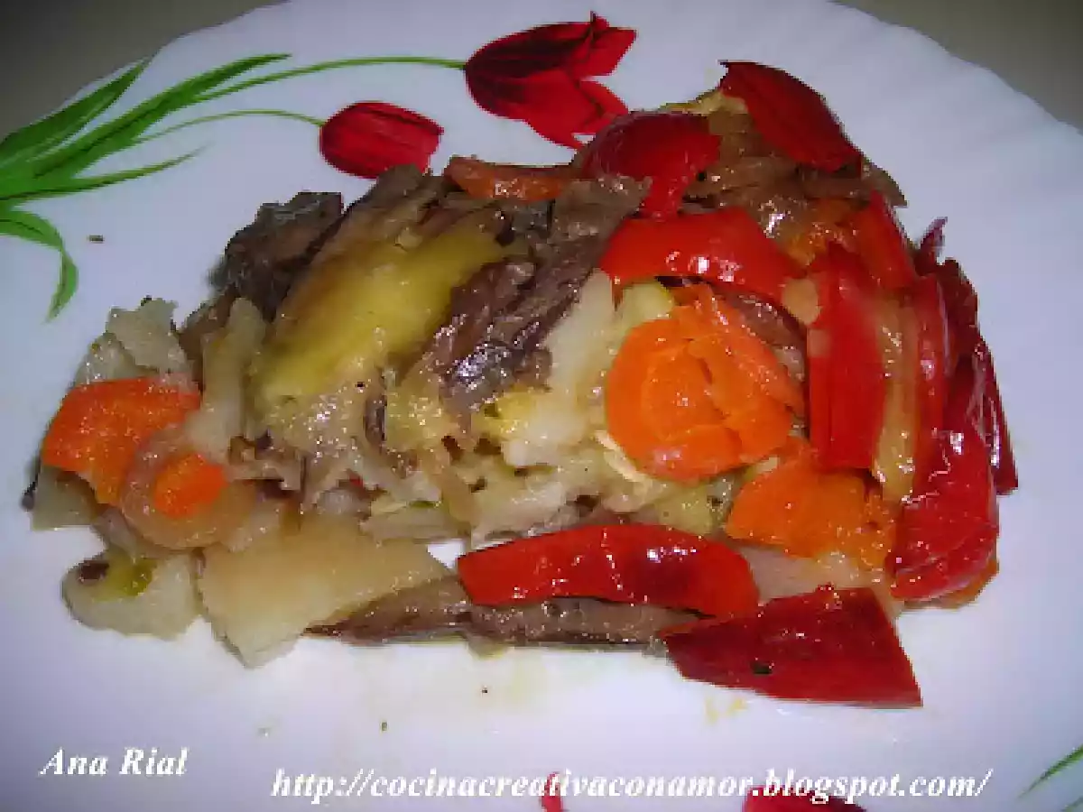 Pastel de verduras y setas con queso Edam gratinado