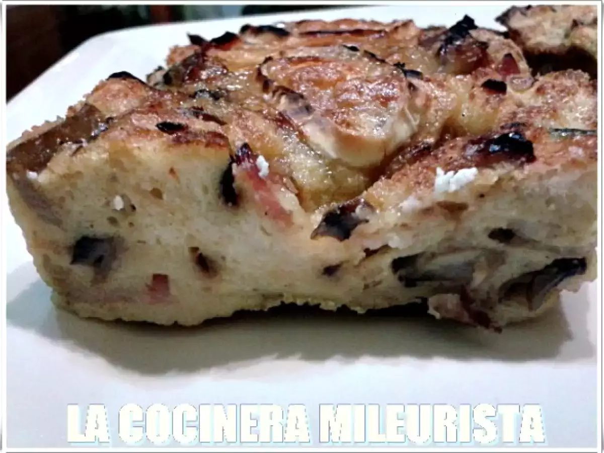 Pastel salado de pan duro con champiñones, bacon y queso de cabra (Reciclaje) - foto 3