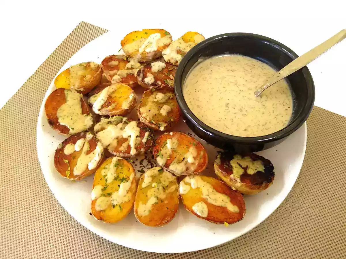 Patatas salteadas con aliño de pasta tahini, eneldo y limón