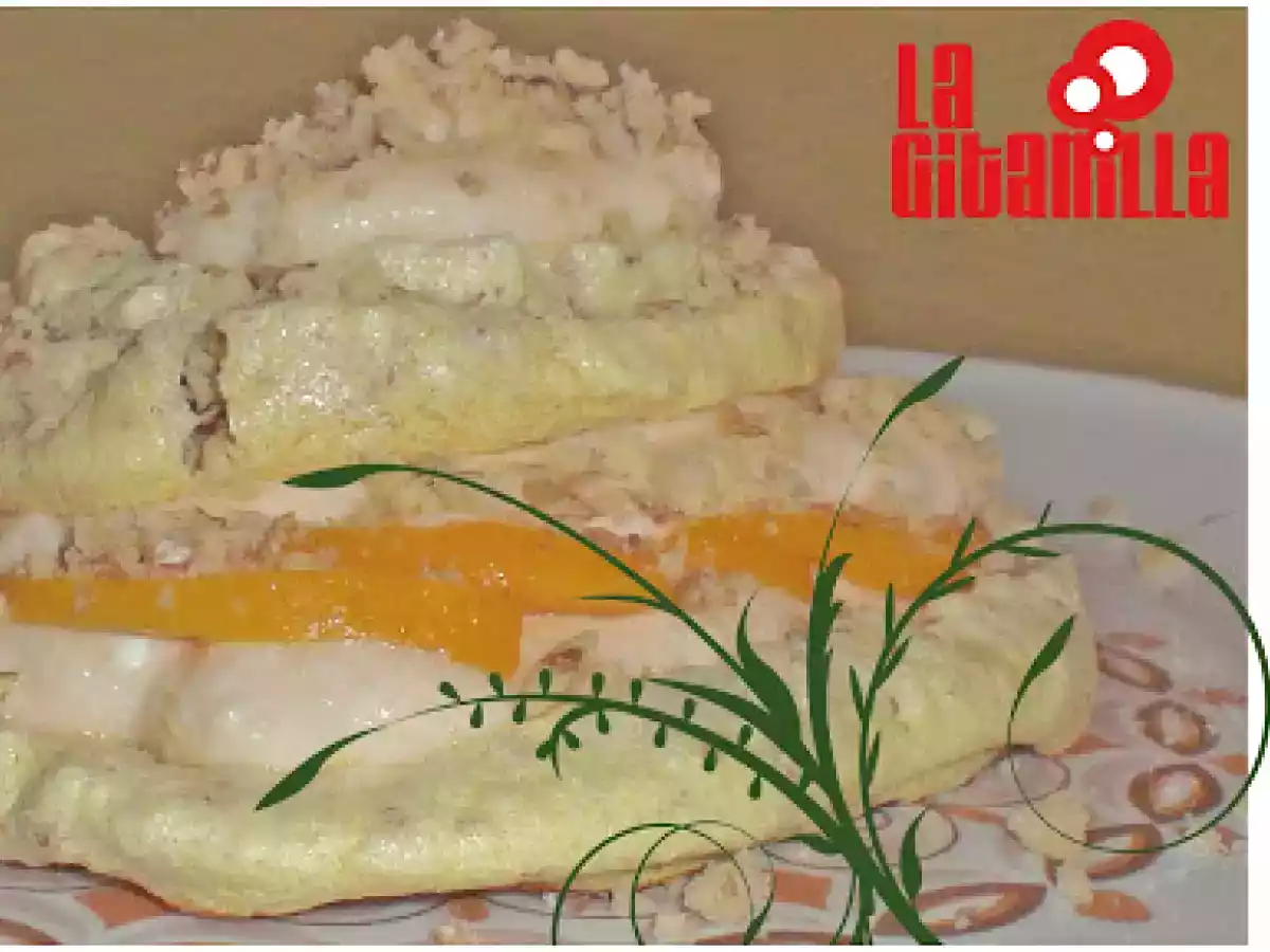 Pavlova de nueces con melocotón