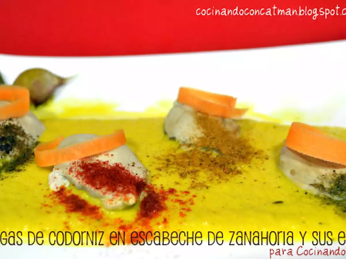 Pechugas de codorniz en escabeche de zanahoria y sus especias. Receta de Ferrán Adriá