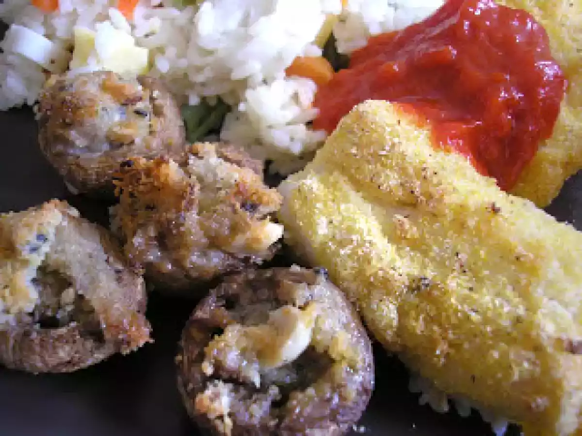 PESCADO EMPANADO CON CHAMPIÑONES RELLENOS EN HORNO TURBOCONVECCIÓN