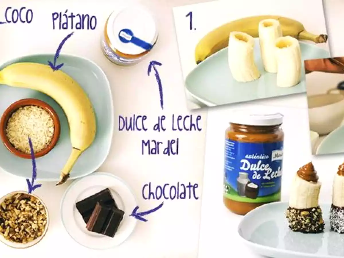 Plátano con dulce de leche, chocolate y almendras - foto 2