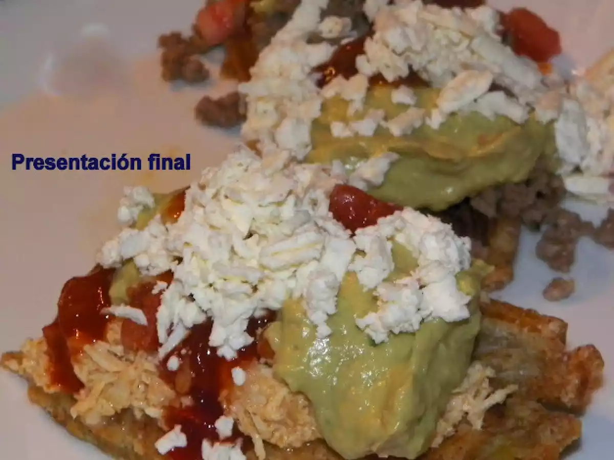 Plátano macho verde frito (tostón, patacón) con carne picada y pollo.