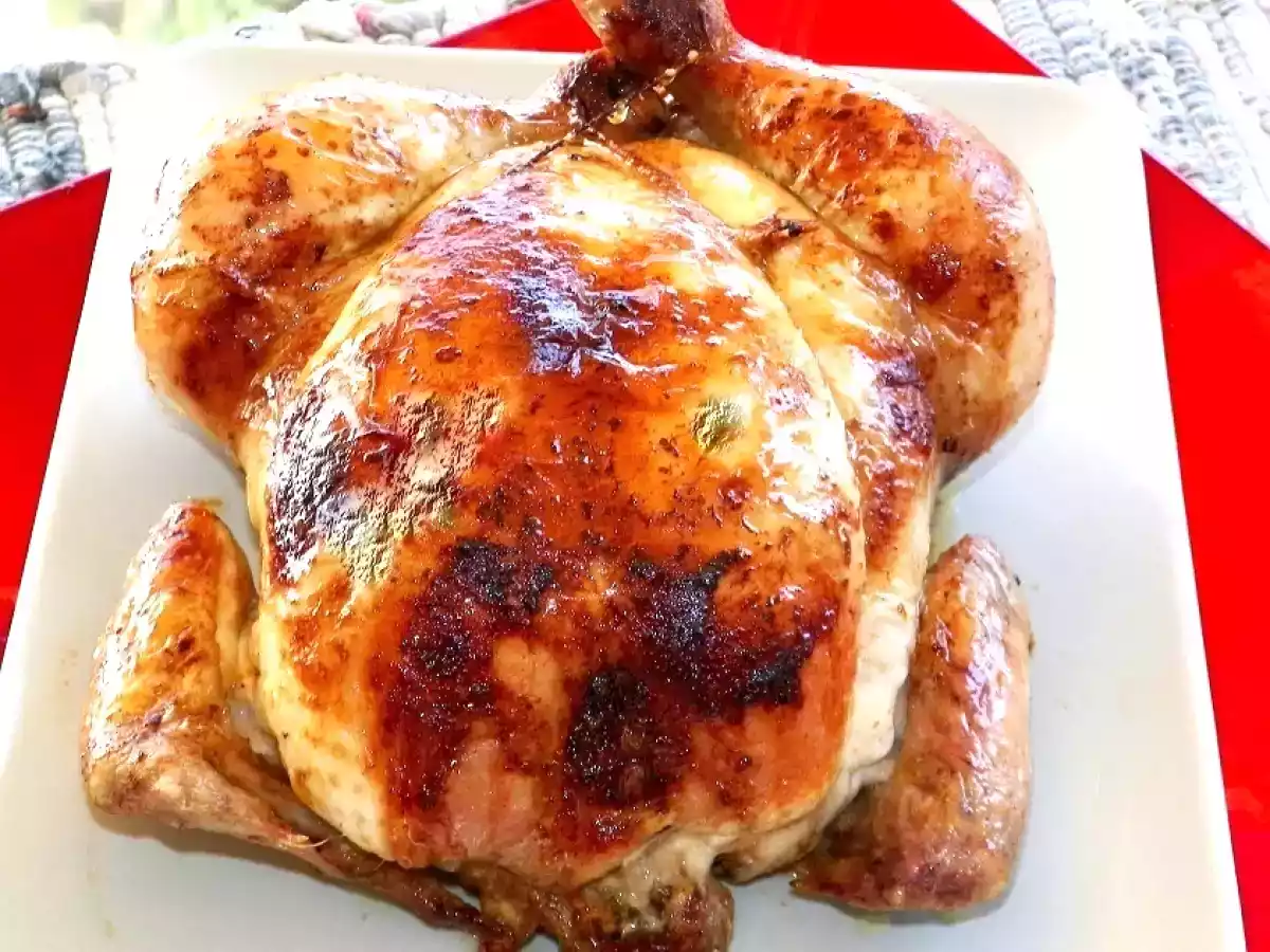 Pollo al horno con salsa de soja y mostaza.