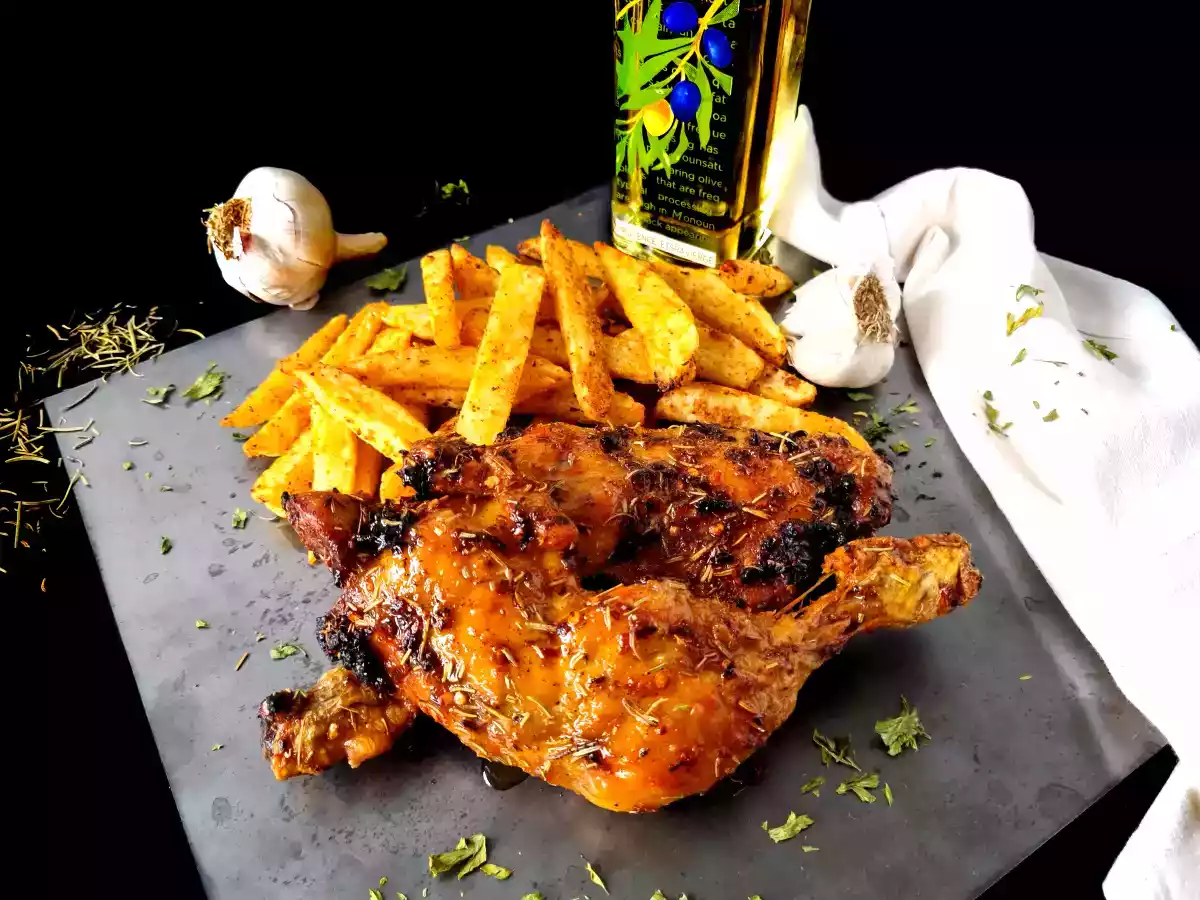 Pollo alla diavola con patatas fritas (freidora de aire)