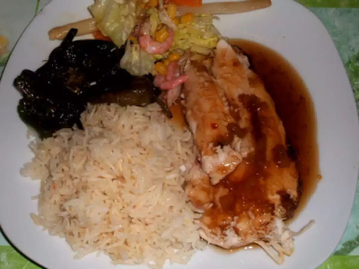 Pollo asado con salsa agridulce