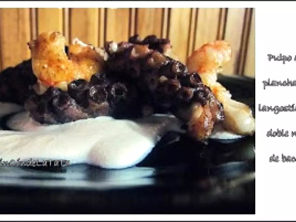 Pulpo a la plancha con langostinos y doble nata de bacon - foto 2
