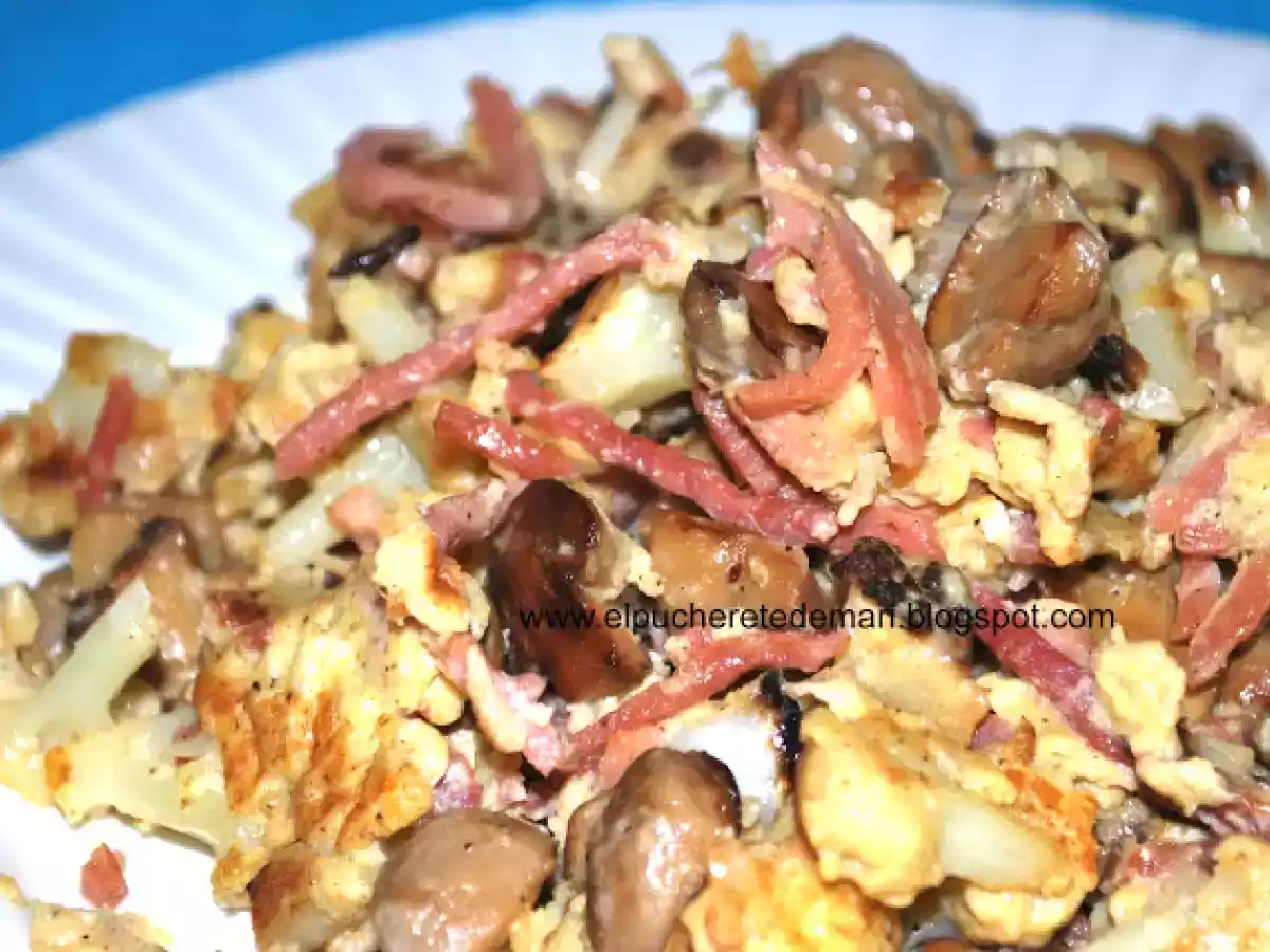 Revuelto de coliflor, champiñones e hilos de jamón curado - foto 4