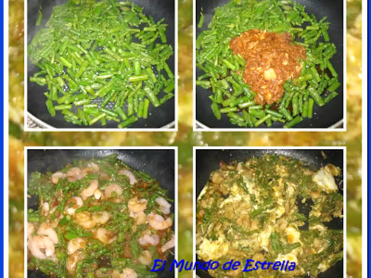 Revuelto de esparragos esparragados con gambas