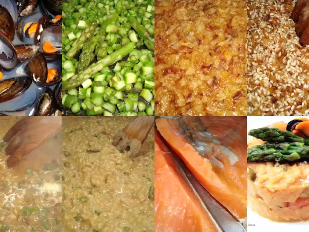 Risotto con mejillones salmón y espárragos trigueros