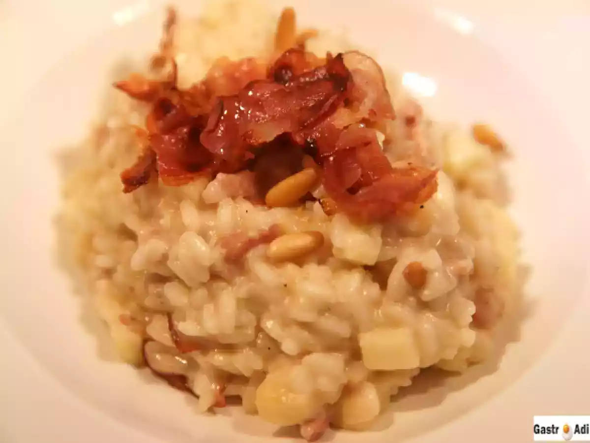 Risotto de tres quesos, bacon y manzana