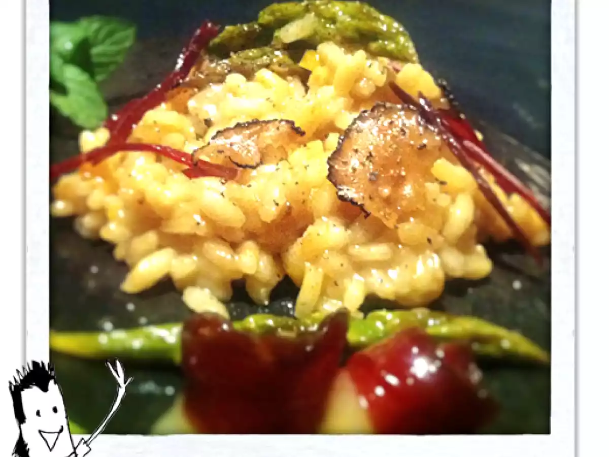Risotto de trufas y esparragos verdes con virutas de jamón de pato
