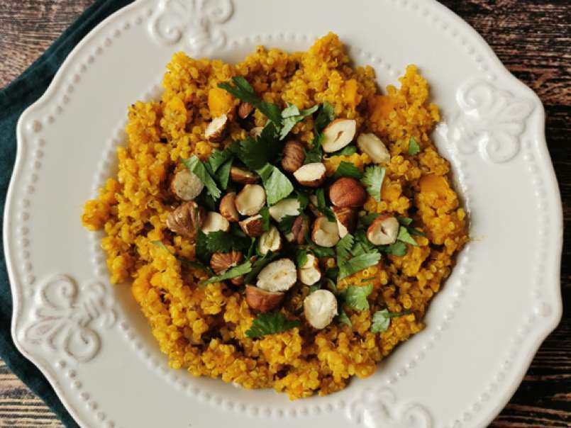 Risotto vegano con quinoa, calabaza, avellanas y cilantro: Quinotto