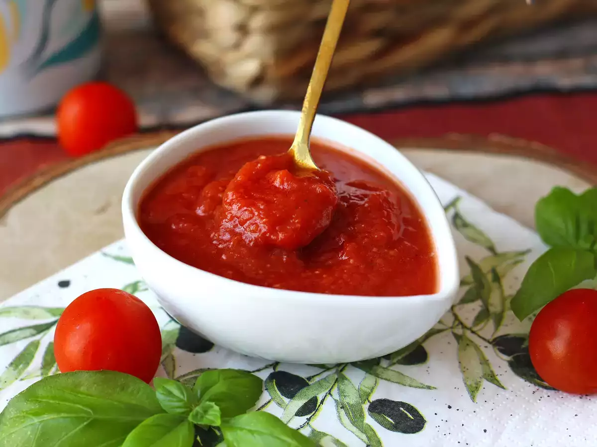 Salsa de tomate cruda al estilo mediterráneo, ideal como base para una pizza o una pinsa - foto 3