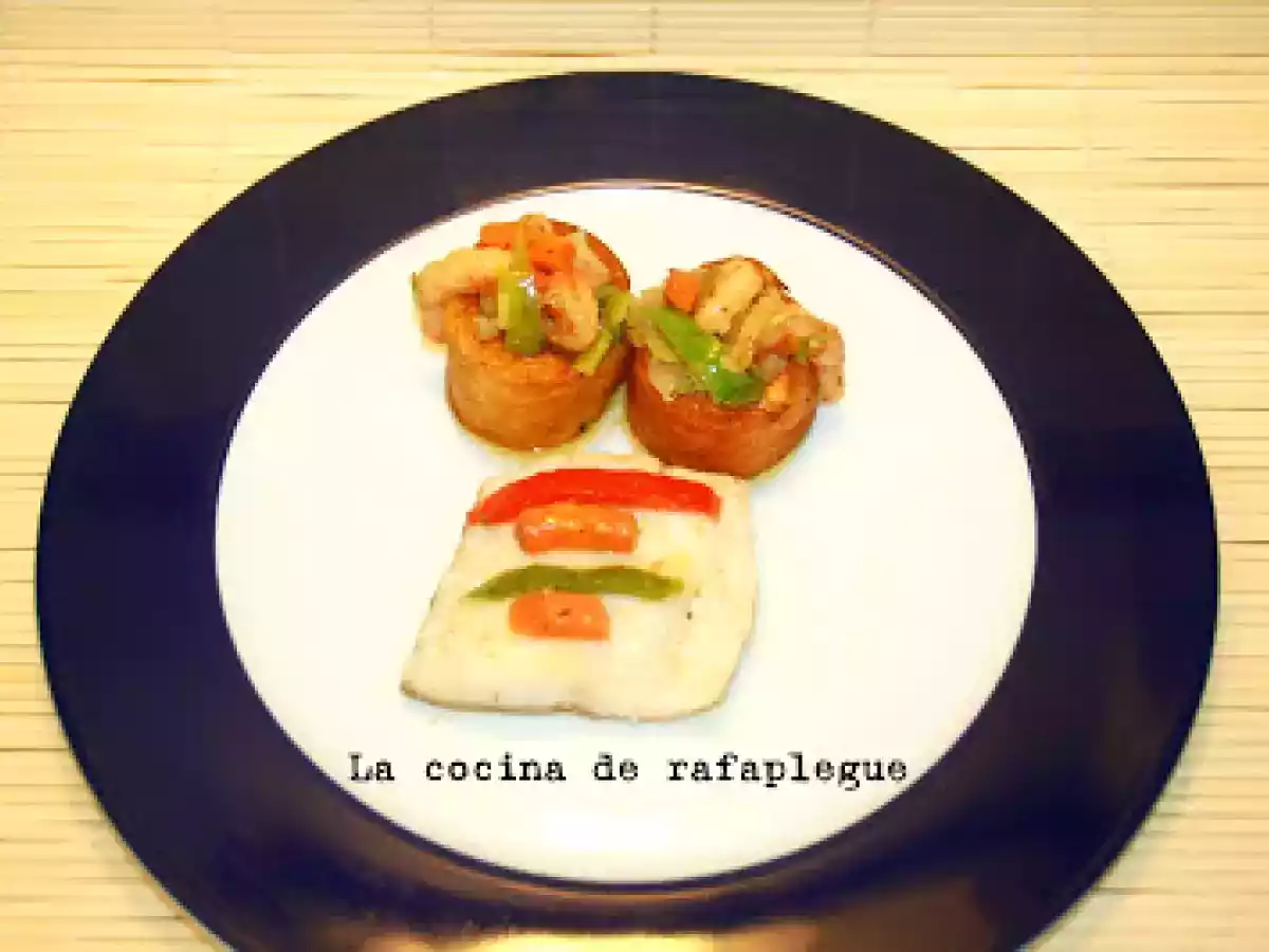 Salteado de verduras, bacalao y gambas