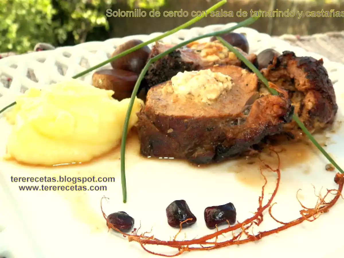 Solomillo de cerdo con salsa de tamarindo y castañas.
