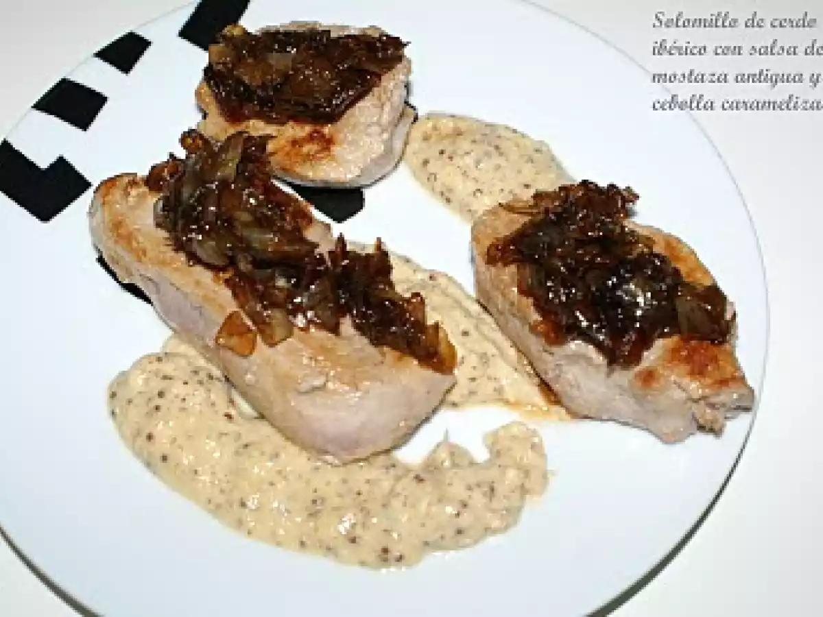 Solomillo de cerdo ibérico con salsa de mostaza antigua a la miel y cebolla caramelizada - foto 2