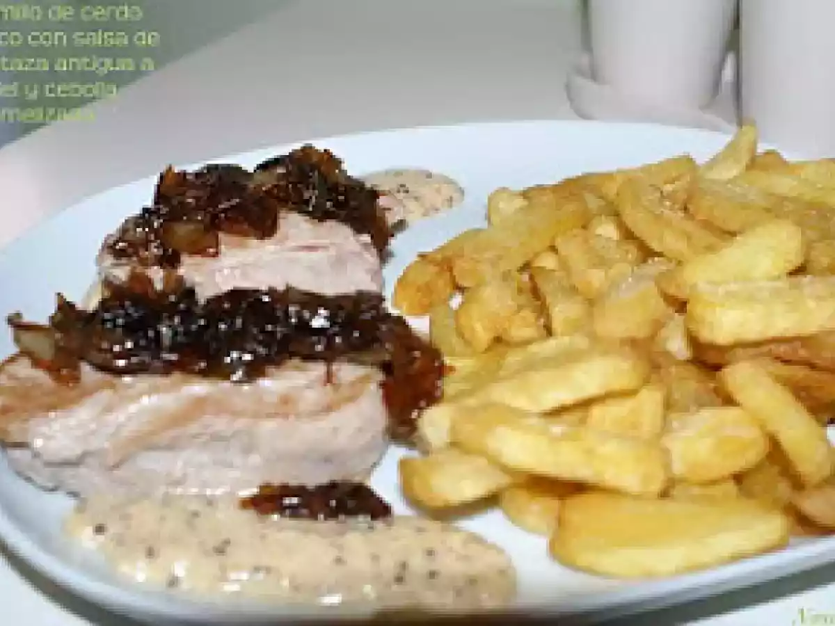 Solomillo de cerdo ibérico con salsa de mostaza antigua a la miel y cebolla caramelizada - foto 3