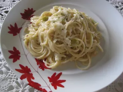 Spaghetti con puerro ancho, ajo, y crema