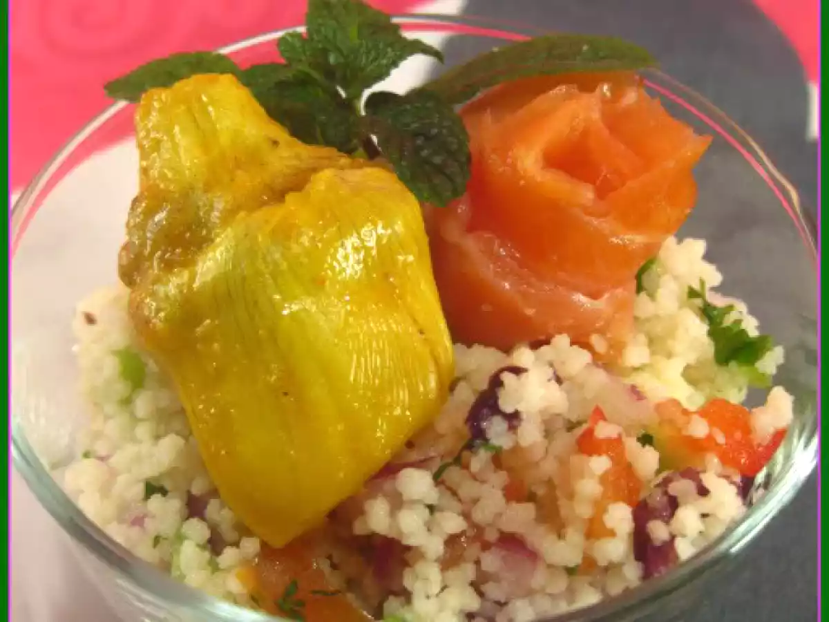 TABULE CON FLOR DE SALMON Y ALCACHOFAS CONFITADAS