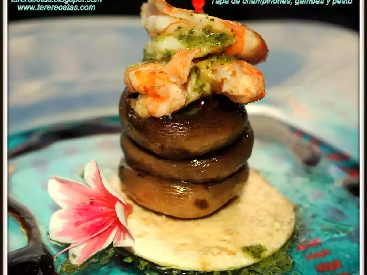 Tapa de champiñones, gambas y pesto. - foto 3