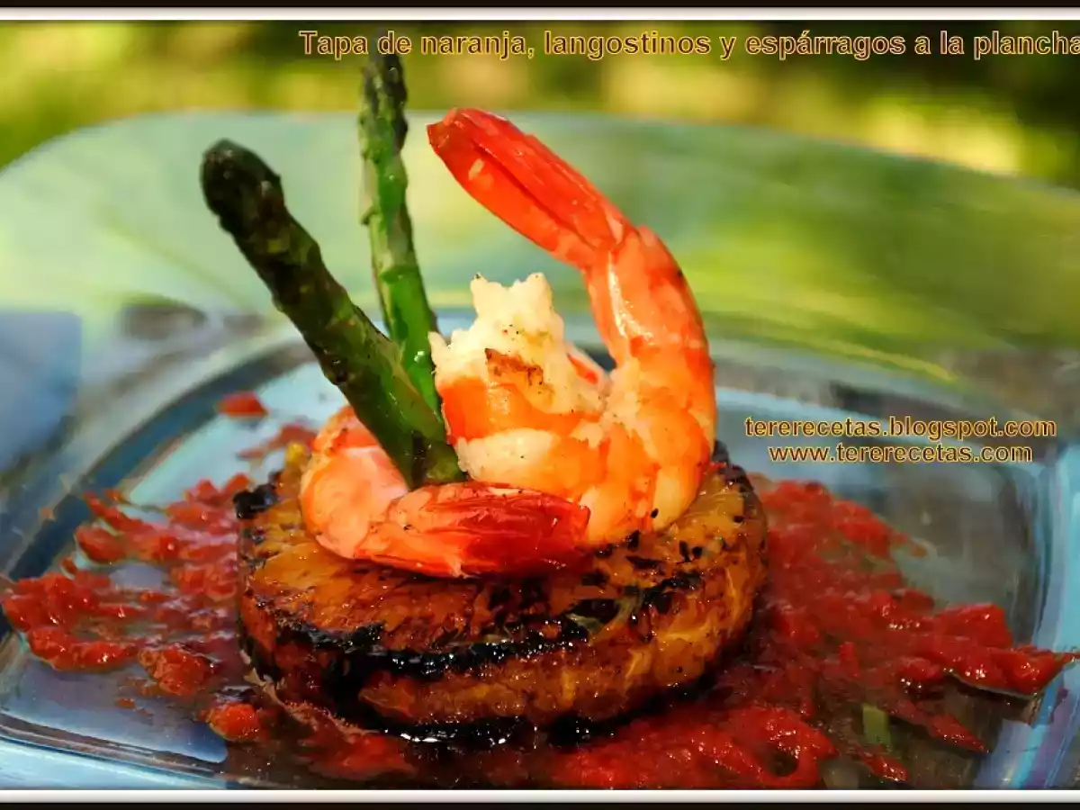 Tapa de langostinos, naranja y espárragos - foto 2