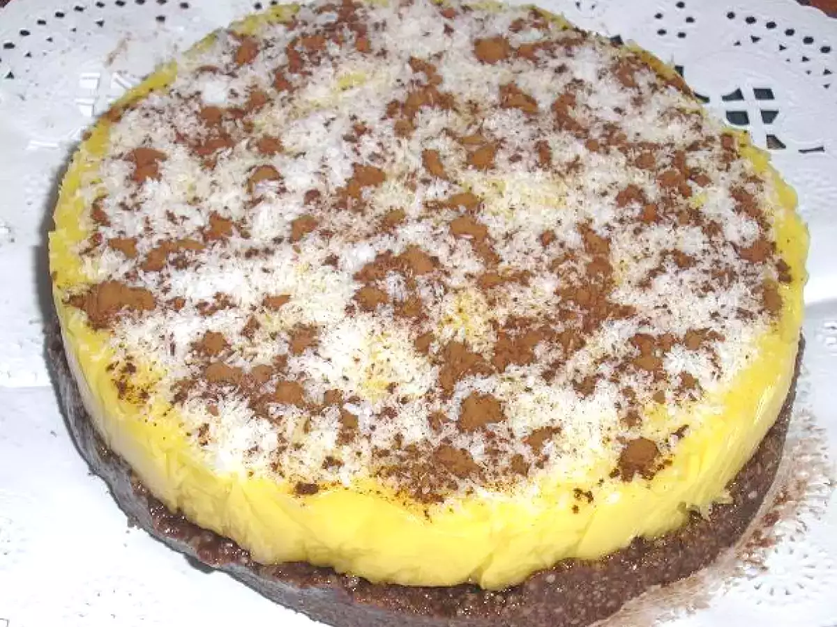 Tarta rápida de coco, chocolate y mango