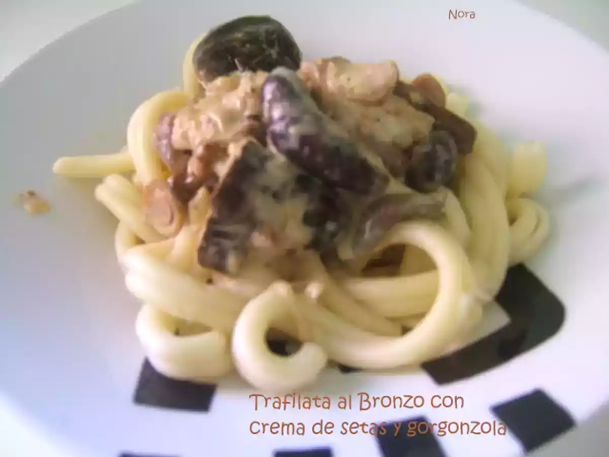 Trafilata al Bronzo (pasta de sémola de grano duro) con crema de setas y gorgonzola