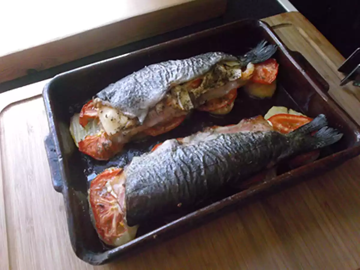 Truchas con gambas y beicon