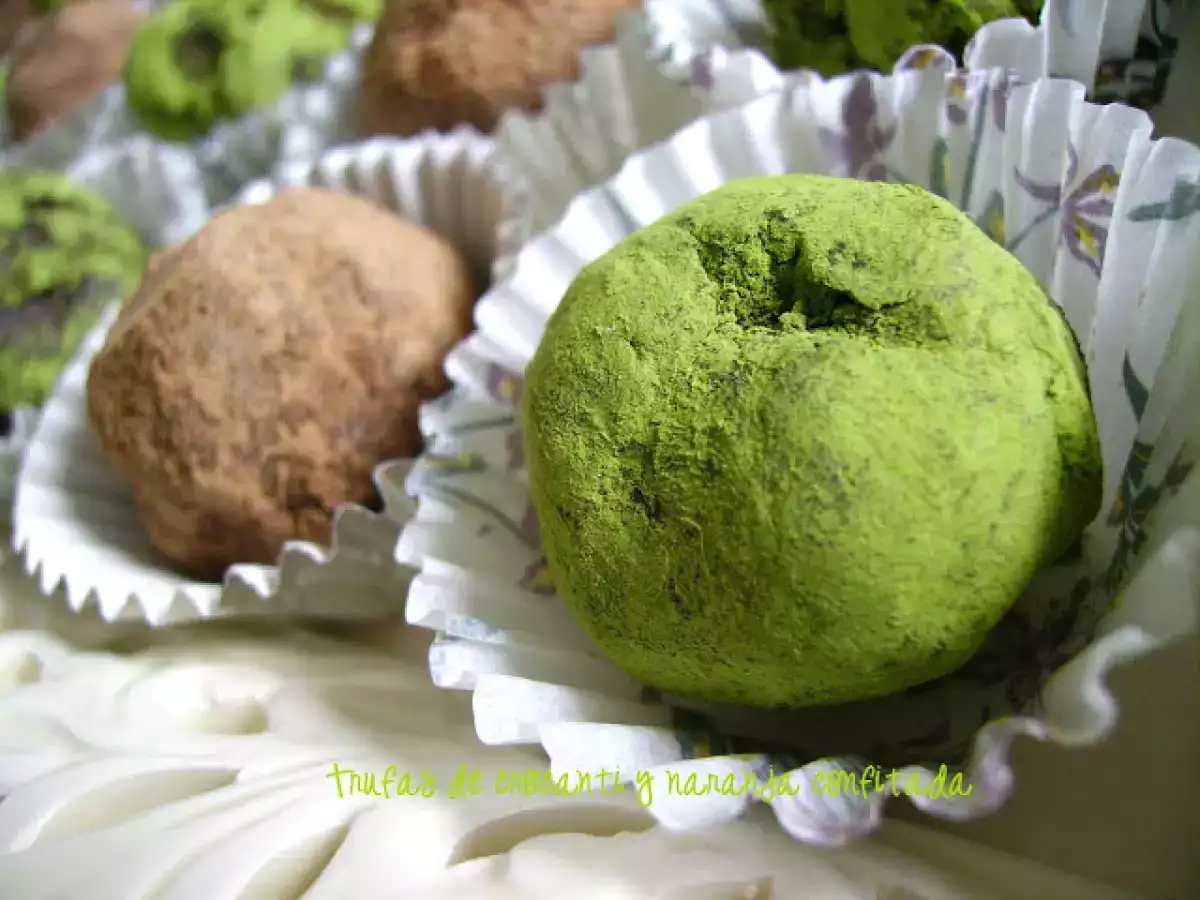 Trufas de crocanti, naranja y té matcha