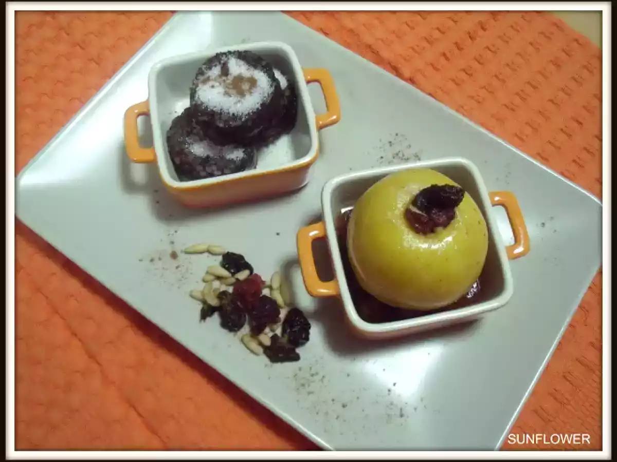 Un postre especial: manzanas asadas con vino tinto y morcilla de arroz