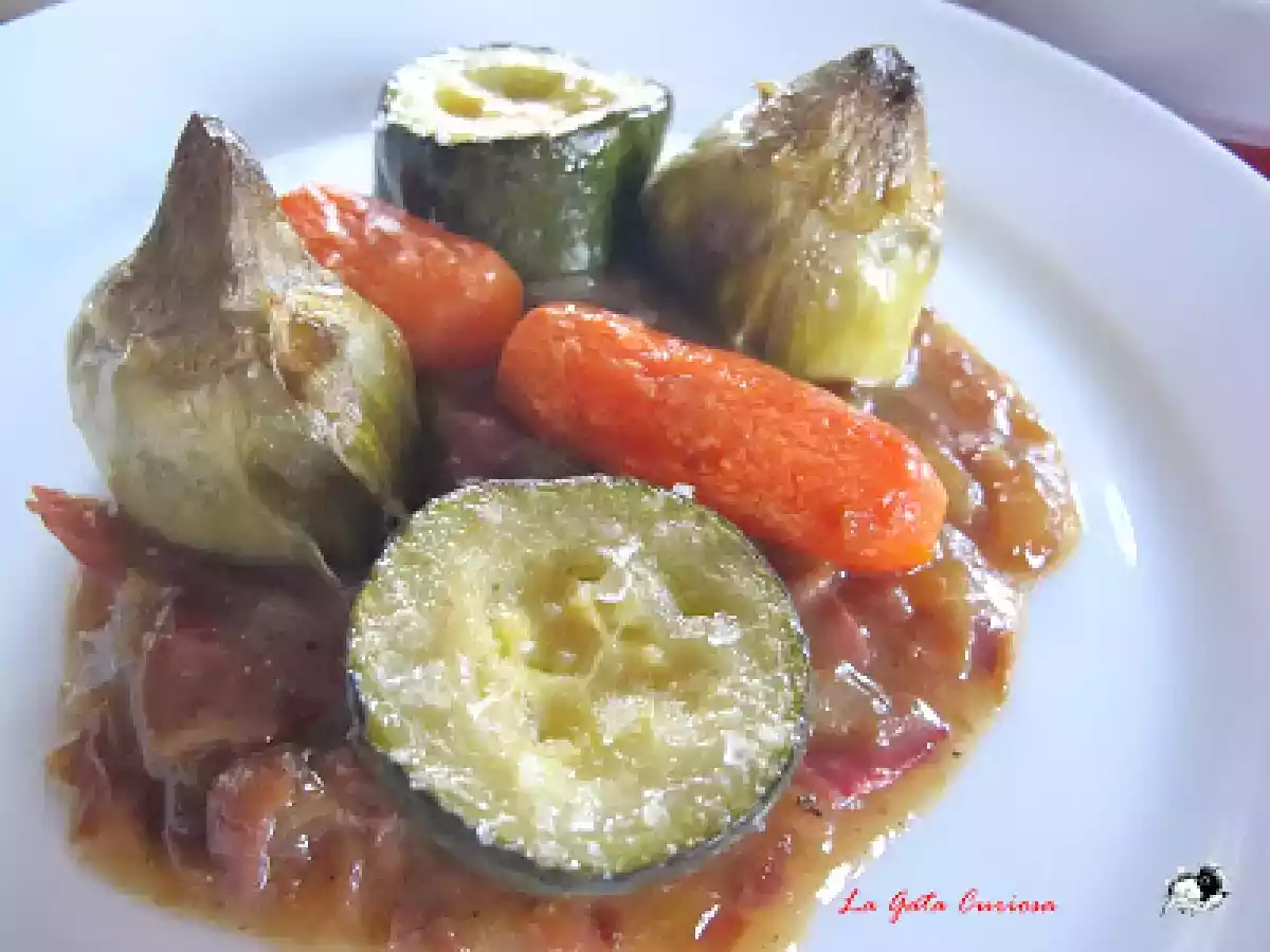 VERDURAS CONFITADAS CON SALSA DE JAMON Y DATILES - foto 2